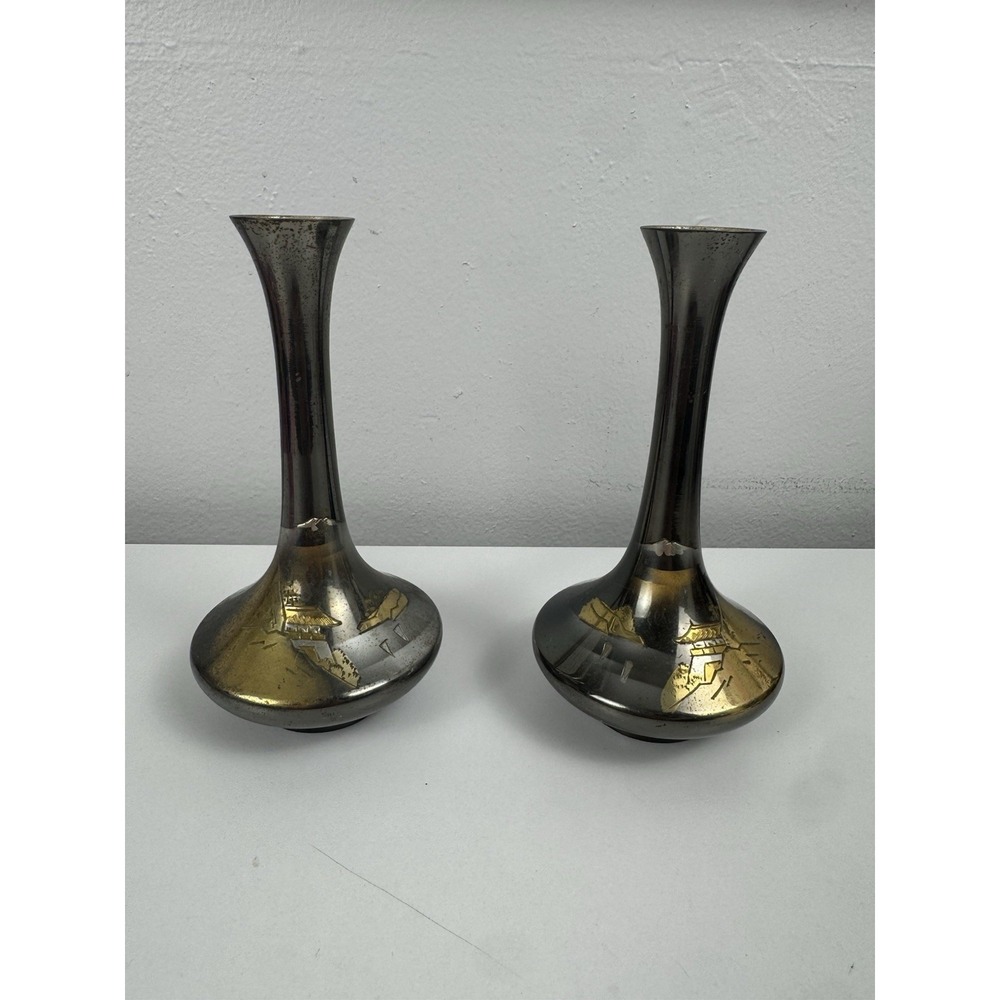 Vtg Japanese Mixed Metal Bud Vases Damascene Mt Fuji Inlay‎ Pair